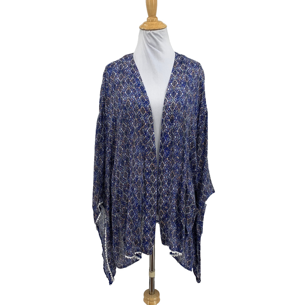 L*Space Kimono Top Womens OS One Size Multi Cover Up Open Front Pom Poms Trim
